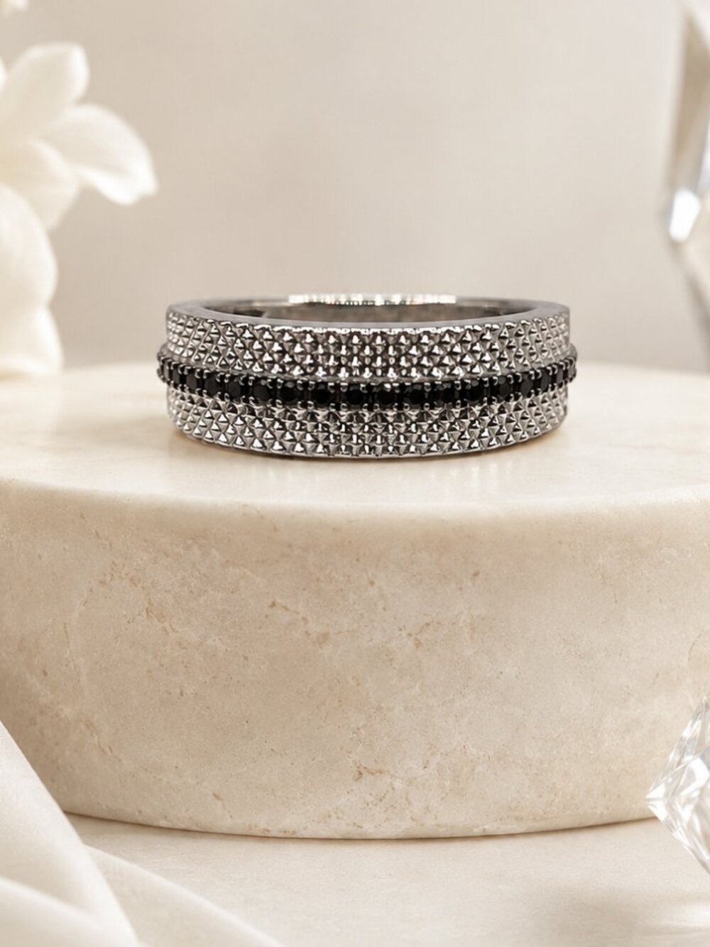 Textured Silver Band Ring with Garnet